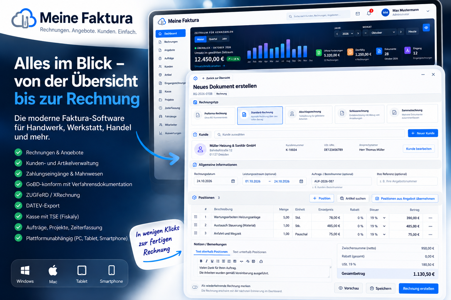 Meine Faktura Online: Dashboard und digitale Rechnungserstellung